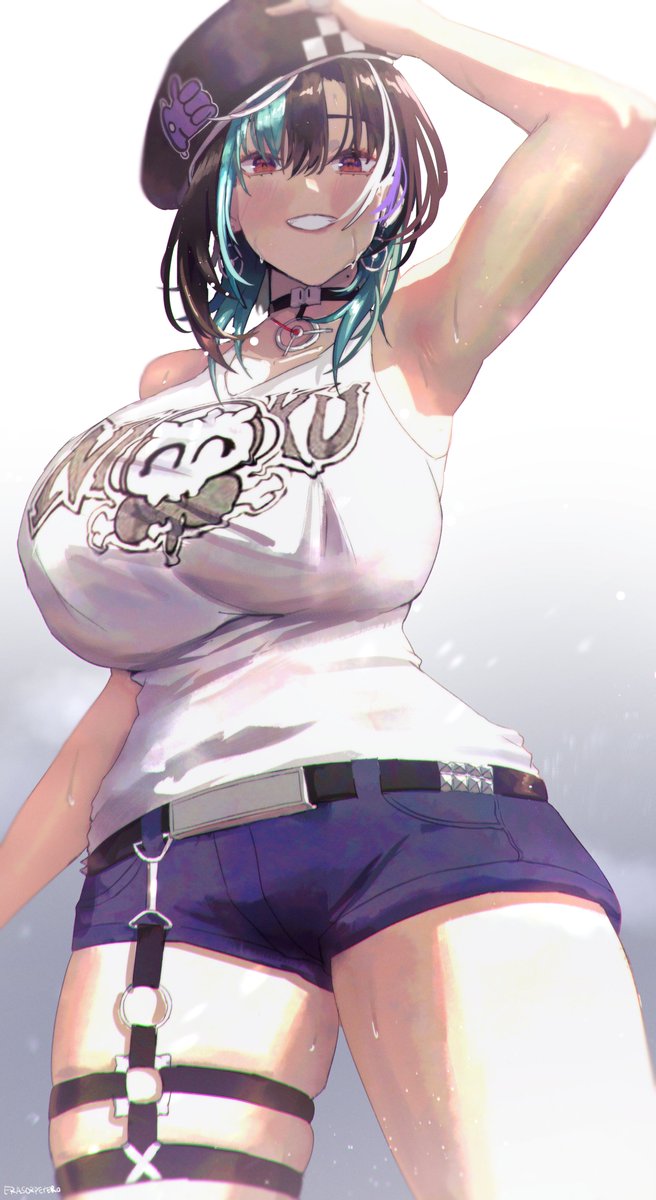 1girl, arm_up, armpits, beret, black_hair, breasts, commentary_request, erasorpepero