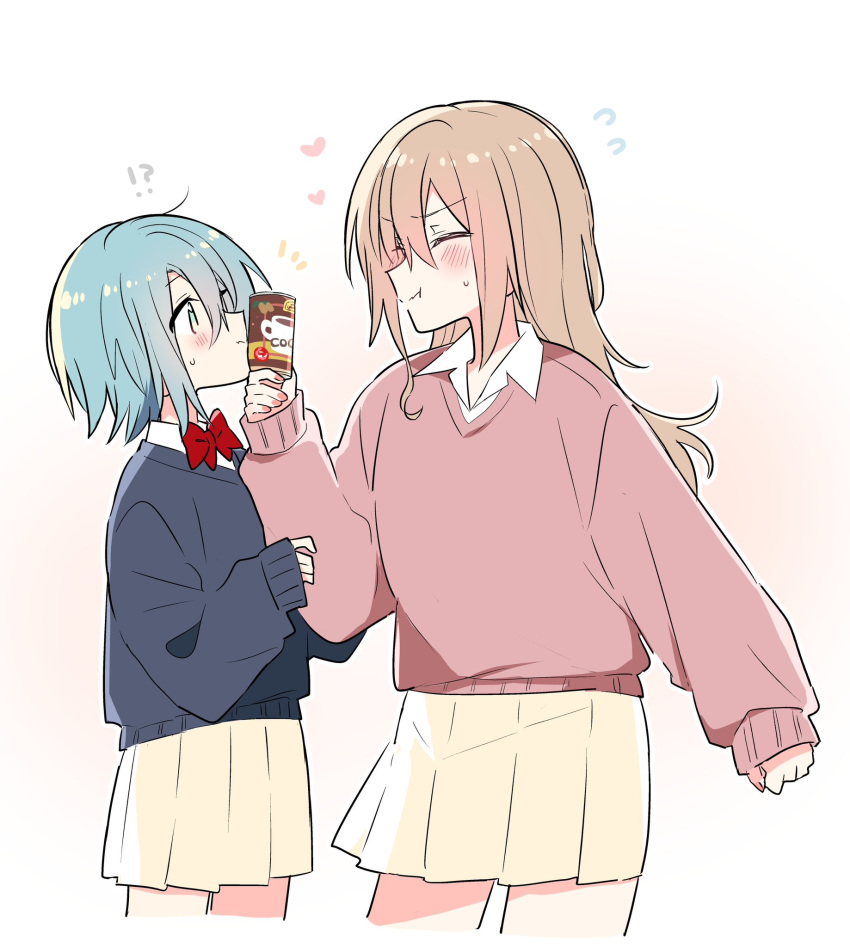 !?, 2girls, black_sweater, blue_eyes, blue_hair, blush, bow, bowtie