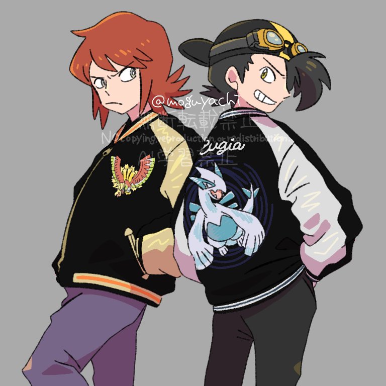 2boys, back, black_hair, closed_mouth, ethan_(pokemon), fangs, frown, goggles, grey_background, grin, hachisen, hand_in_pocket, ho-oh, jacket, lugia, multicolored_clothes, multicolored_jacket, multiple_boys, pokemon, pokemon_(creature), pokemon_adventures, redhead, silver_(pokemon), simple_background, smile, standing, yellow_eyes
