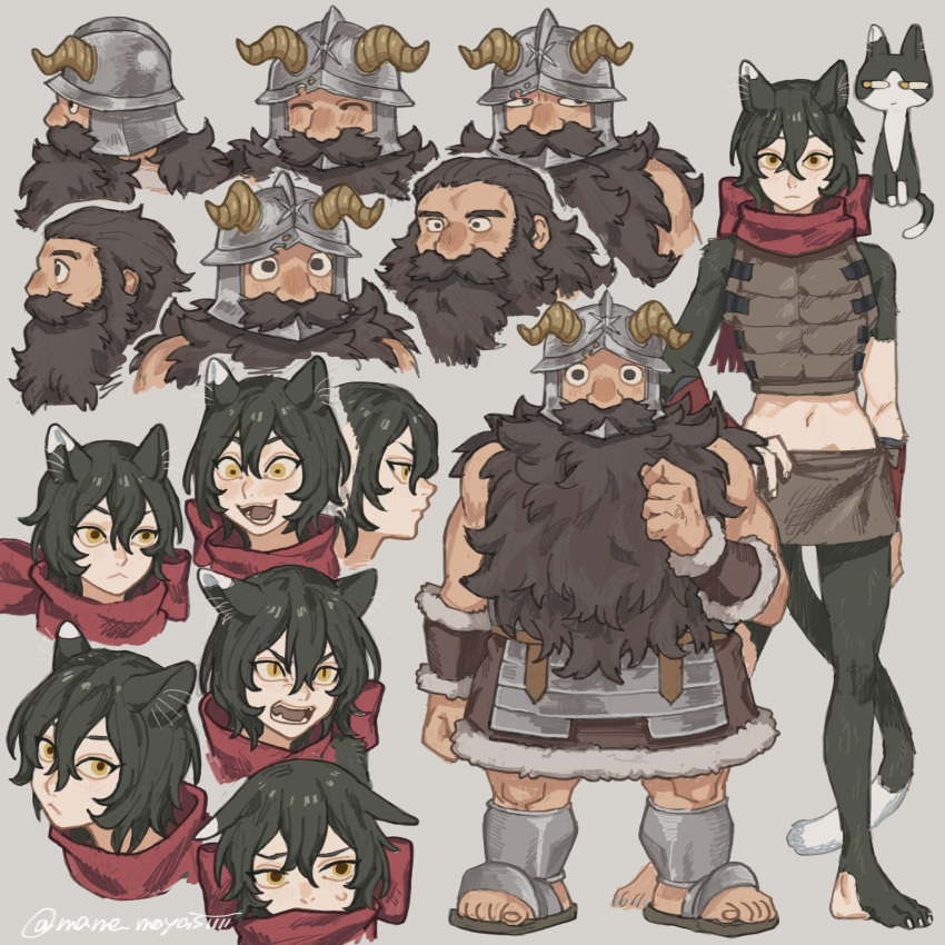 1boy, 1girl, :<, ^_^, animal_ears, animal_feet, armor, beard, black_eyes, black_hair, cat_ears, cat_girl, cat_tail, closed_eyes, closed_mouth, dungeon_meshi, facial_hair, fake_horns, hair_between_eyes, hand_on_own_hip, helmet, highres, horned_helmet, horns, izutsumi, mame_moyashi, multiple_views, mustache, open_mouth, red_scarf, scarf, senshi_(dungeon_meshi), simple_background, standing, sweat, tail, twitter_username, yellow_eyes