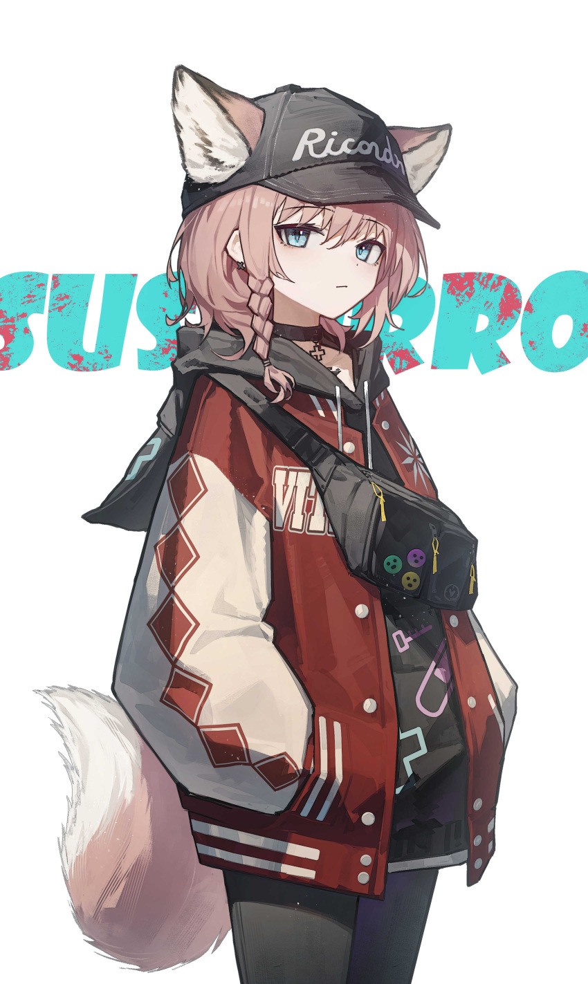 1girl, absurdres, animal_ears, arknights, badge, baseball_cap, blue_eyes, braid