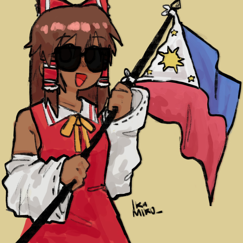 1girl, absurdres, alternate_skin_color, bow, brown_hair, dark-skinned_female, dark_skin, detached_sleeves