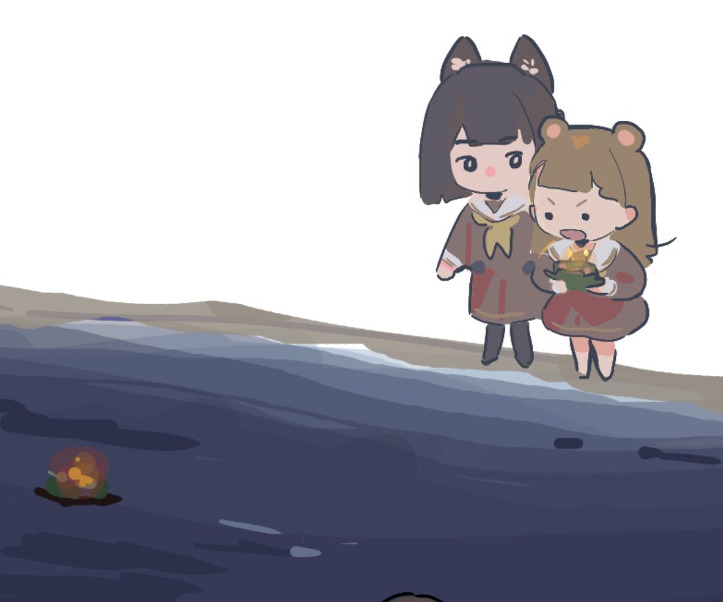 ._., 2girls, animal_ears, beach, black_hair, black_pantyhose, blunt_bangs, blunt_ends