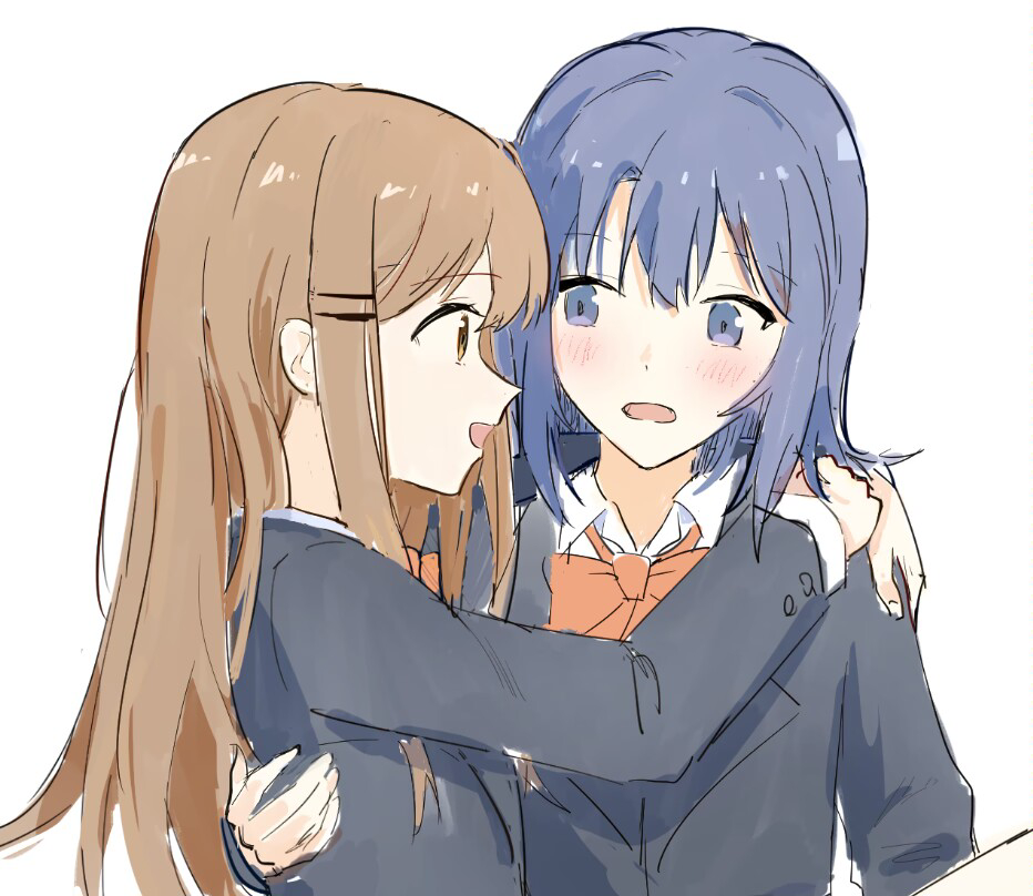 2girls, adachi_sakura, adachi_to_shimamura, arms_around_neck, black_jacket, blue_eyes, blue_hair, blush