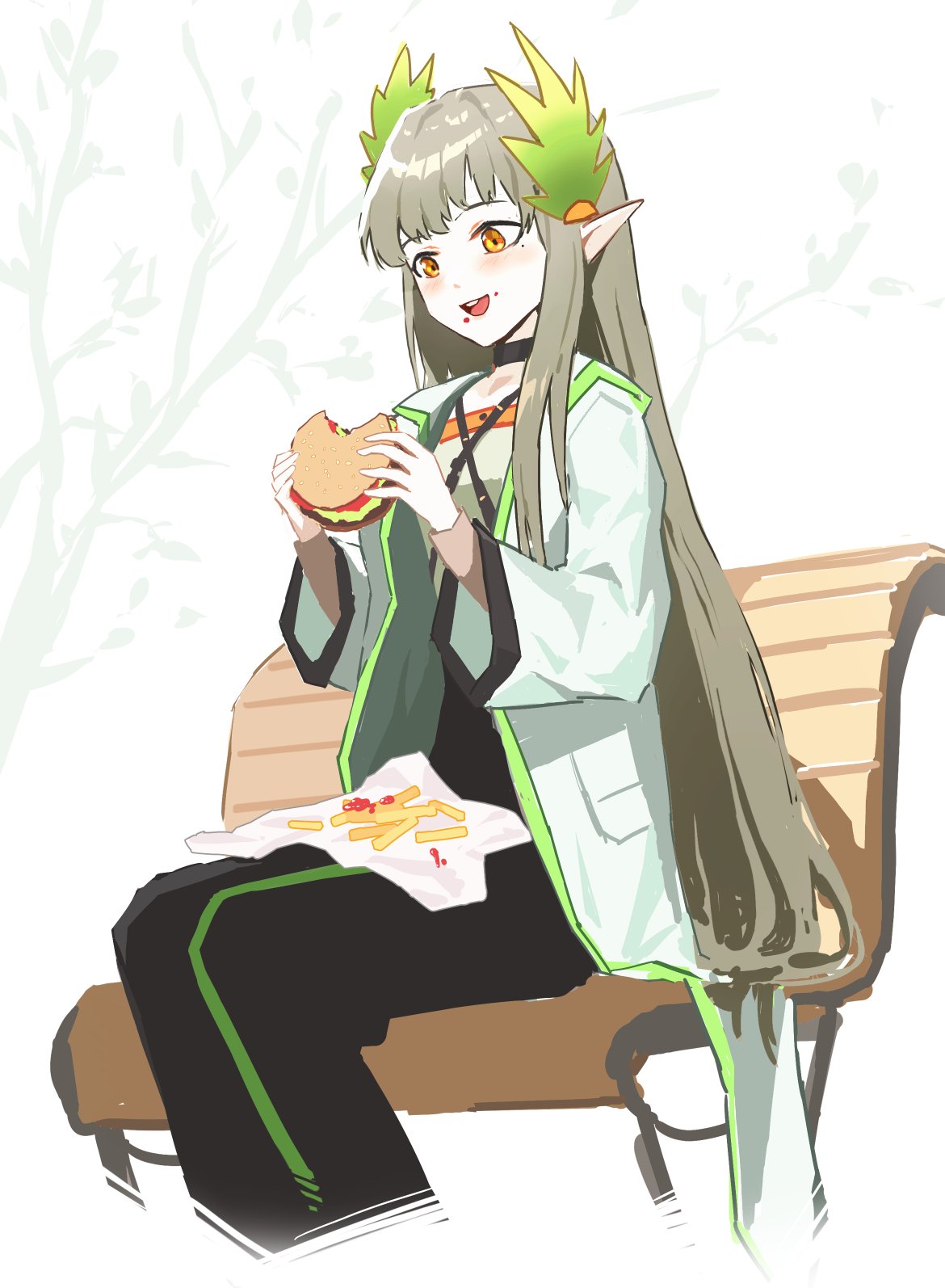 1girl, :d, arknights, bench, black_choker, black_dress, blush, burger, choker, coat, commentary, cropped_legs, dress, elf, english_commentary, food, food_on_face, french_fries, grey_hair, highres, holding, holding_burger, holding_food, ketchup, lab_coat, long_hair, long_sleeves, looking_at_food, looking_down, mole, mole_under_eye, muelsyse_(arknights), on_bench, open_clothes, open_coat, open_mouth, pencil_kun, pointy_ears, sidelocks, sitting, smile, solo, white_background, white_coat, yellow_eyes