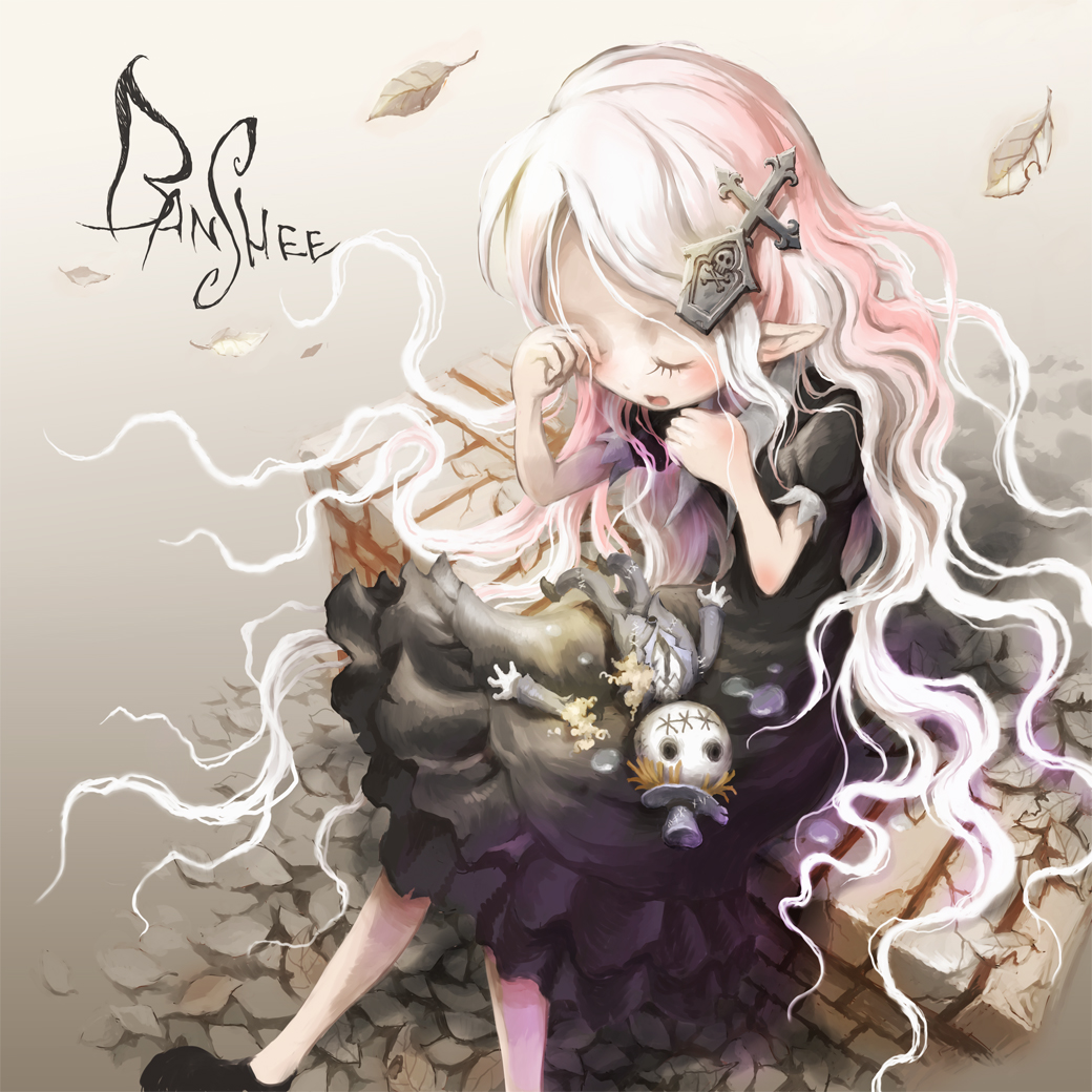 banshee_(character), celtic, closed_eyes, doll, eyes_closed, gothic, hair_ornament, hand_on_own_face, hand_to_face, leaf, long_hair, original, pink_hair, pointy_ears, solo, ume_(illegal_bible), very_long_hair, white_hair