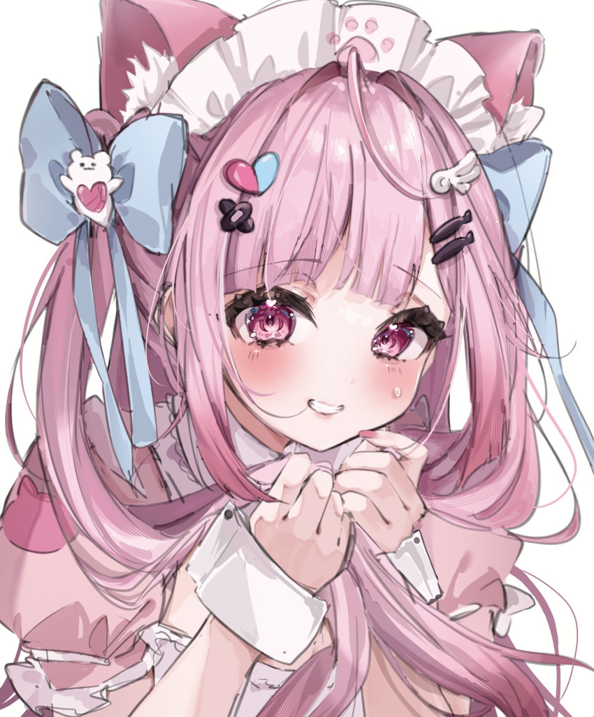 ahoge, animal_ear_fluff, animal_ears, aqua_bow, bandaid, bandaid_hair_ornament, bow, cat_ears, fish_hair_ornament, ghost_hair_ornament, hair_bow, hair_ornament, hairclip, heart, heart_hair_ornament, heart_in_eye, highres, holding, holding_own_hair, indie_virtual_youtuber, long_hair, maid_headdress, multiple_hair_bows, opera_(rawz3335), pink_eyes, pink_hair, puffy_short_sleeves, puffy_sleeves, short_sleeves, sweatdrop, symbol_in_eye, twintails, virtual_youtuber, white_background, wing_hair_ornament, wrist_cuffs, yuuki_sakuna