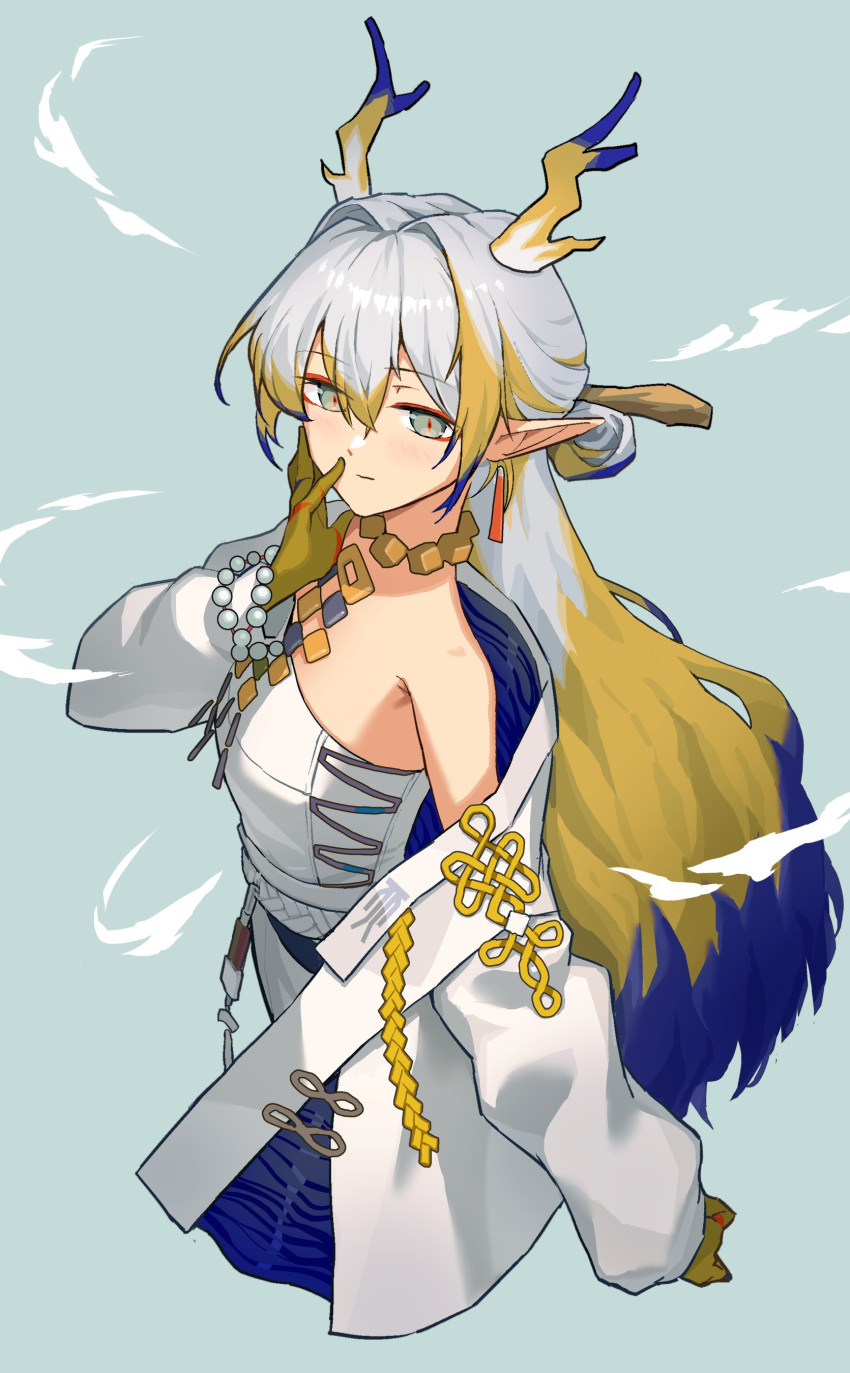 1girl, absurdres, aqua_background, arknights, beads, belt, blonde_hair, closed_mouth
