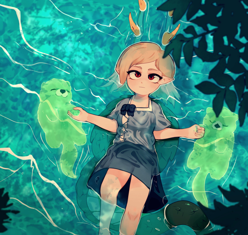 1girl, afloat, animal, antlers, blonde_hair, blue_shirt, blue_skirt, bow