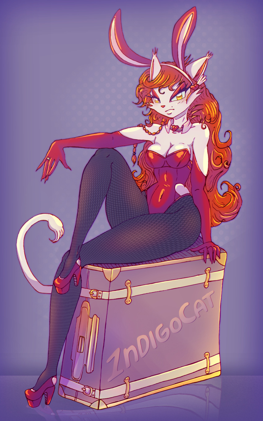 1ndigocat, anthro, anthro_only, anthropomorphism, bodysuit, bunny_suit, caracal, caracal_ears