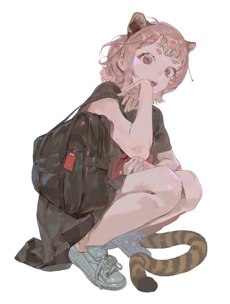 1girl, animal_ears, bag, bandaid, bandaid_on_face, bandaid_on_forehead, bare_arms, bare_legs