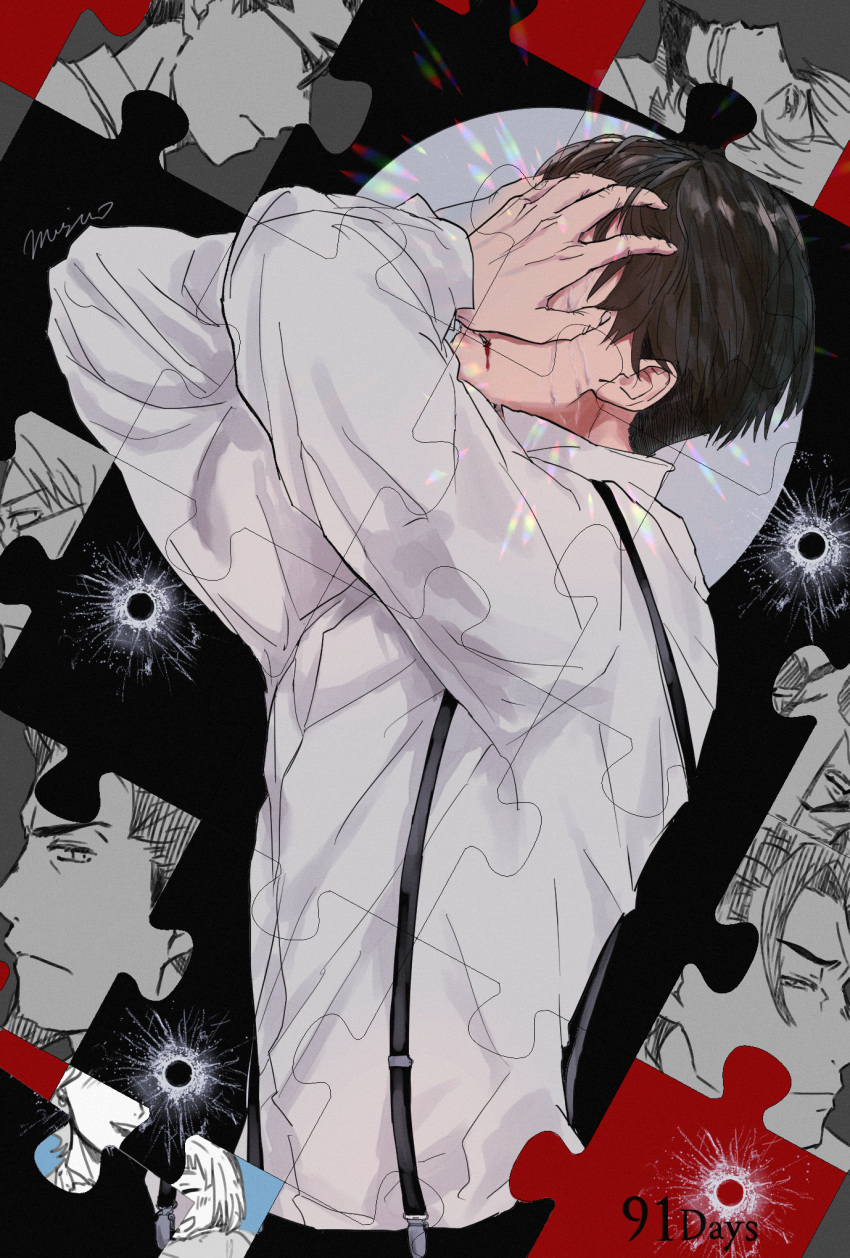 1boy, 91_days, avilio_bruno, black_hair, black_pants, blood, blood_from_mouth, border, bullet_hole, character_request, corteo, dress_shirt, facing_to_the_side, fango, hands_on_own_face, highres, looking_up, luce_lagusa, male_focus, nero_vanetti, ornate_border, pants, puzzle_piece, roman_taisho, sad, shirt, suspenders, white_shirt