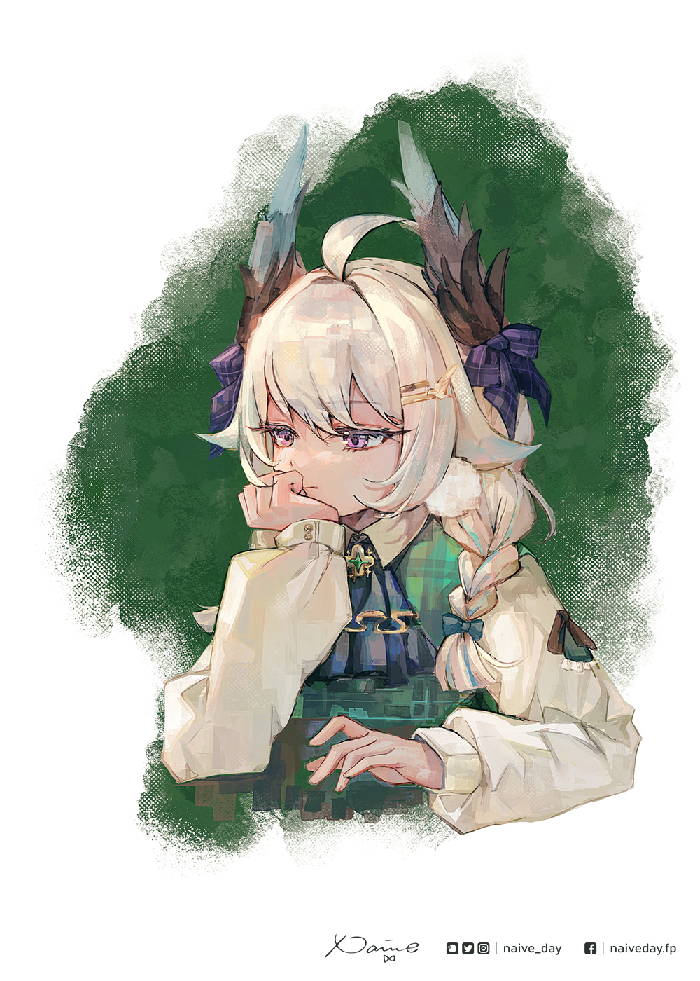 1girl, ahoge, artist_name, blonde_hair, bow, braid, earrings, enna_alouette, enna_alouette_(3rd_costume), hair_bow, hand_on_own_chin, head_wings, highres, jewelry, long_hair, low_twin_braids, naive_(day), nijisanji, nijisanji_en, pom_pom_(clothes), pom_pom_earrings, solo, twin_braids, violet_eyes, virtual_youtuber, wings