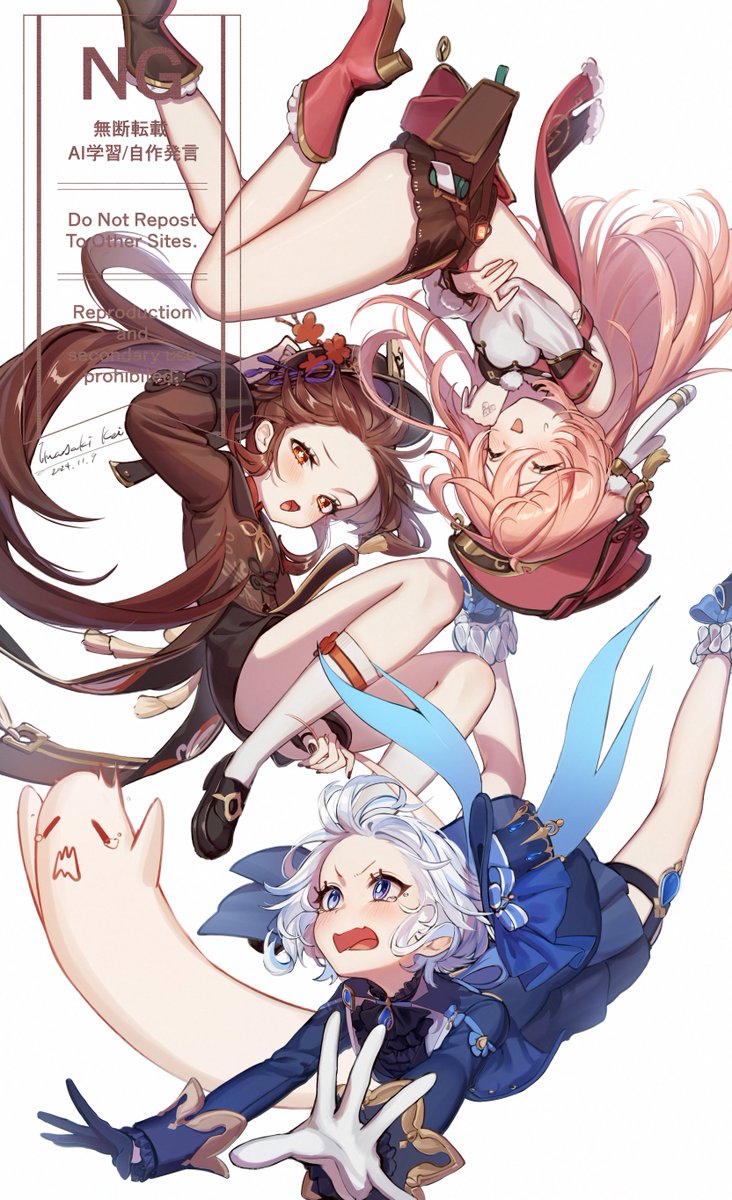 3girls, antlers, bare_legs, black_gloves, black_hat, black_shirt, black_shorts, blue_eyes
