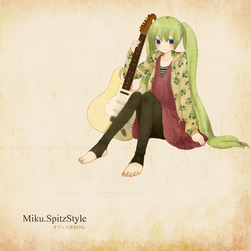 barefoot, colored_eyelashes, eyelashes, feet, guitar, hatsune_miku, instrument, mizutamako