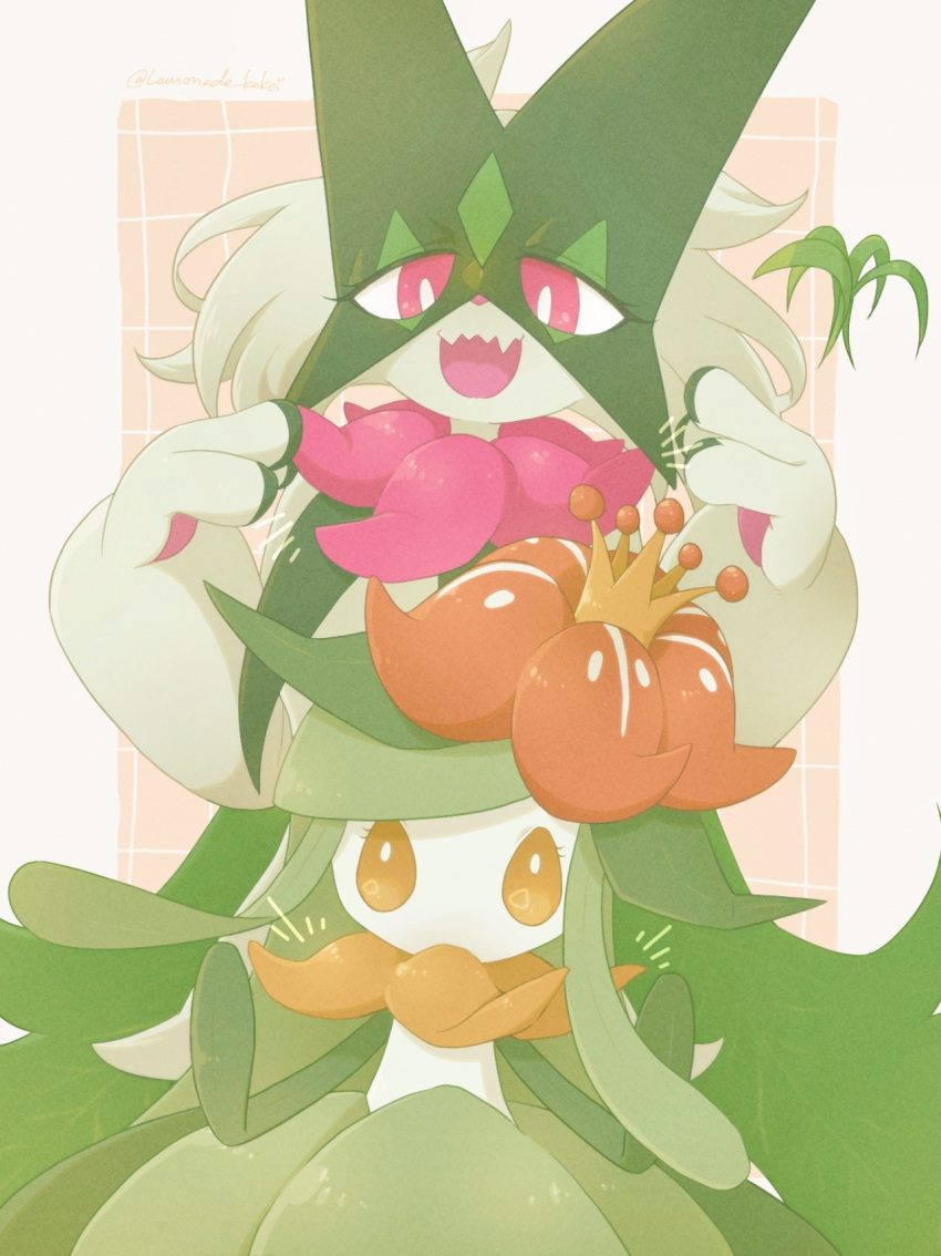 2girls, animal_hands, animal_nose, artist_name, body_fur, border, bright_pupils, colored_skin, commentary_request, crown, fang, flat_chest, floating, floating_object, flower, furry, furry_female, green_fur, green_hair, green_skin, grid_background, hair_flower, hair_ornament, half-closed_eyes, hands_up, happy, height_difference, highres, lemonade_kokoi, lilligant, long_hair, looking_at_another, looking_down, meowscarada, mini_crown, monster_girl, multicolored_skin, multiple_girls, no_mouth, notice_lines, open_mouth, orange_background, orange_eyes, outside_border, partial_commentary, plant_girl, pokemon, pokemon_(creature), red_eyes, red_flower, short_hair, sidelocks, signature, skin_fang, smile, standing, swept_bangs, twitter_username, two-tone_skin, white_border, white_pupils, white_skin, yellow_crown