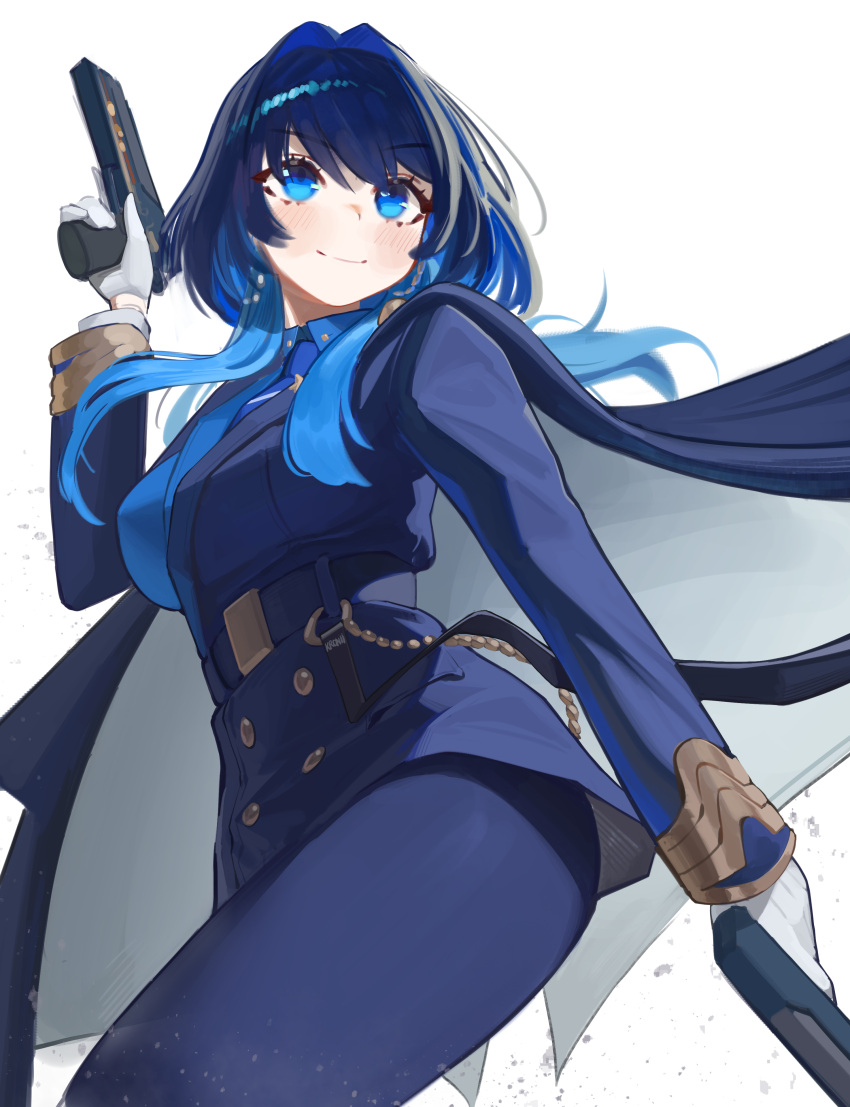 1girl, absurdres, blue_eyes, blue_hair, blue_jacket, blue_necktie, blue_shirt, breasts