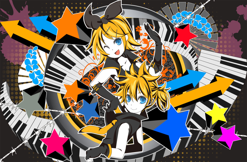 blue_eyes, highres, instrument, kagamine_len, kagamine_rin, keyboard, keyboard_(instrument), piano_keys, sakisato_kiriko, siblings, smile, star, twins, vocaloid, wink