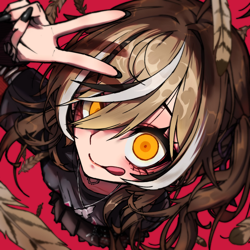 1girl, :q, absurdres, ahoge, black_nails, black_shirt, black_skirt, brown_eyes