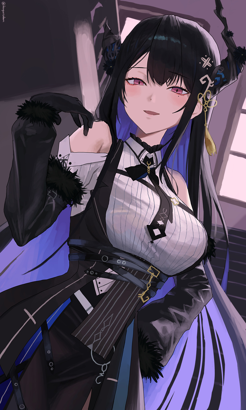1girl, absurdres, asymmetrical_horns, black_gloves, black_hair, black_jacket, black_necktie, black_skirt, blue_hair, collared_shirt, colored_inner_hair, demon_horns, english_commentary, fur-trimmed_gloves, fur_trim, gloves, highres, hololive, hololive_english, horns, jacket, kongarisalmon, long_hair, looking_at_viewer, mole, mole_under_eye, multicolored_hair, necktie, nerissa_ravencroft, nerissa_ravencroft_(1st_costume), open_mouth, red_eyes, shirt, skirt, smile, solo, virtual_youtuber, white_shirt