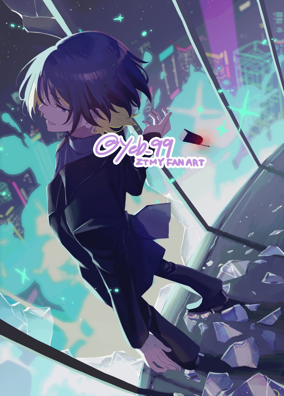 1girl, black_footwear, black_jacket, black_pants, blue_eyes, blue_hair, blue_shirt, broken_window, building, colored_inner_hair, highres, jacket, kaiya, looking_at_viewer, multicolored_hair, neko_reset_(zutomayo), nira-chan, open_mouth, pants, shirt, standing, turtleneck, turtleneck_shirt, twitter_username, window, zutto_mayonaka_de_ii_no_ni