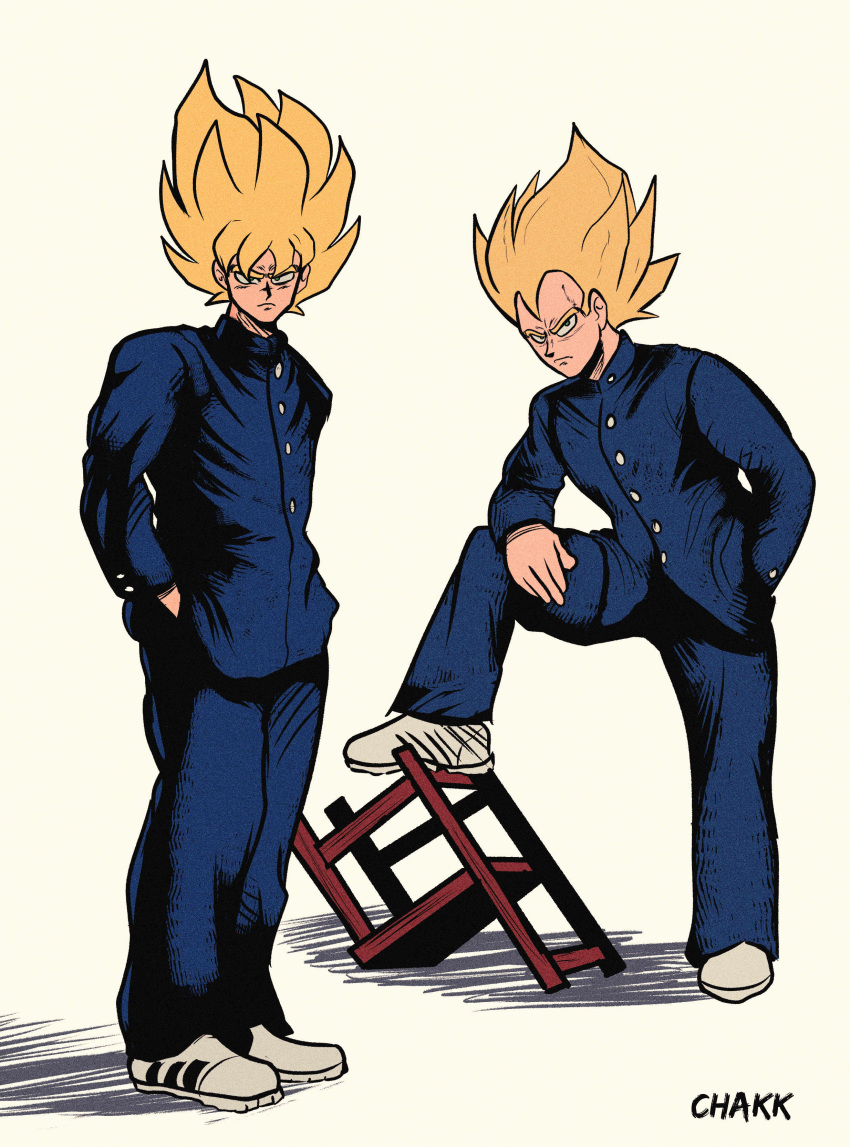 2boys, absurdres, blonde_hair, blue_jacket, blue_pants, chakkrx, delinquent, dragon_ball