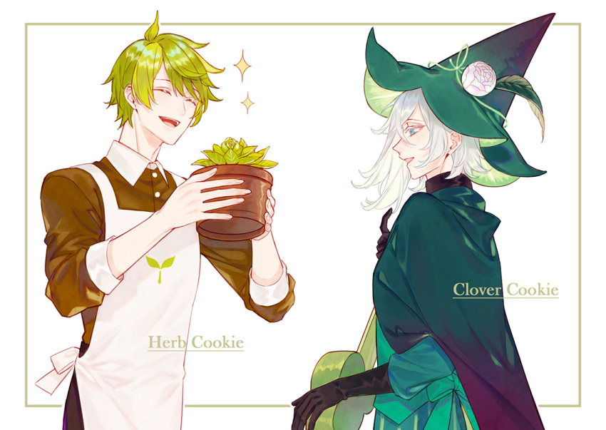 2boys, :d, ^_^, ahoge, aoiharuna1109, apron, black_gloves, black_shirt, blue_eyes, border, brown_pants, brown_shirt, character_name, cloak, closed_eyes, clover_cookie, collared_shirt, colored_eyelashes, cookie_run, cookie_run:_kingdom, dress_shirt, flower, flower_pot, giving, gloves, green_cloak, green_hair, green_hat, green_jacket, hair_over_one_eye, hat, hat_flower, hat_ornament, herb_cookie, holding, holding_flower_pot, holding_instrument, humanization, instrument, jacket, leaf_hat_ornament, long_sleeves, lute_(instrument), male_focus, medium_hair, multiple_boys, outside_border, pants, plant, pointing, pointing_at_self, potted_plant, profile, shirt, short_hair, smile, sparkle, swept_bangs, turtleneck, upper_body, white_apron, white_background, white_border, white_flower, white_hair
