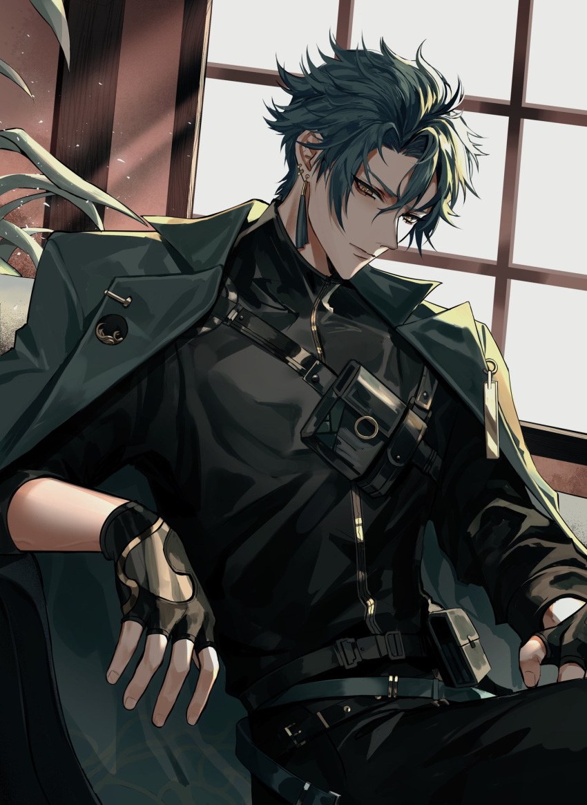 1boy, black_gloves, black_shirt, closed_mouth, commentary, earrings, fingerless_gloves, gloves, green_hair, green_jacket, hair_between_eyes, hashtag-only_commentary, highres, jacket, jacket_on_shoulders, jewelry, jiyan_(wuthering_waves), keiishima, looking_at_viewer, male_focus, official_alternate_costume, on_chair, shirt, short_hair, sitting, solo, window, wuthering_waves, yellow_eyes