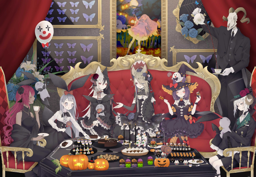 6+girls, :d, @_@, absurdres, animal_ears, asymmetrical_legwear, black_dress, black_hair