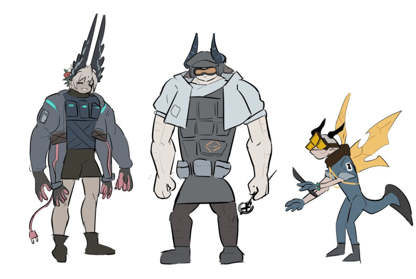 1boy, 2girls, arknights, ben_10, bird_girl, cow_horns, diamondhead, electric_plug
