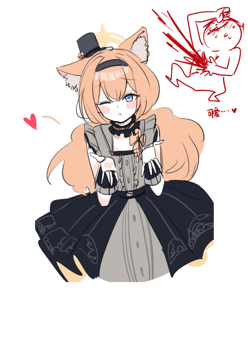1boy, 1girl, animal_ears, black_choker, black_hairband, black_hat, black_skirt, bleeding
