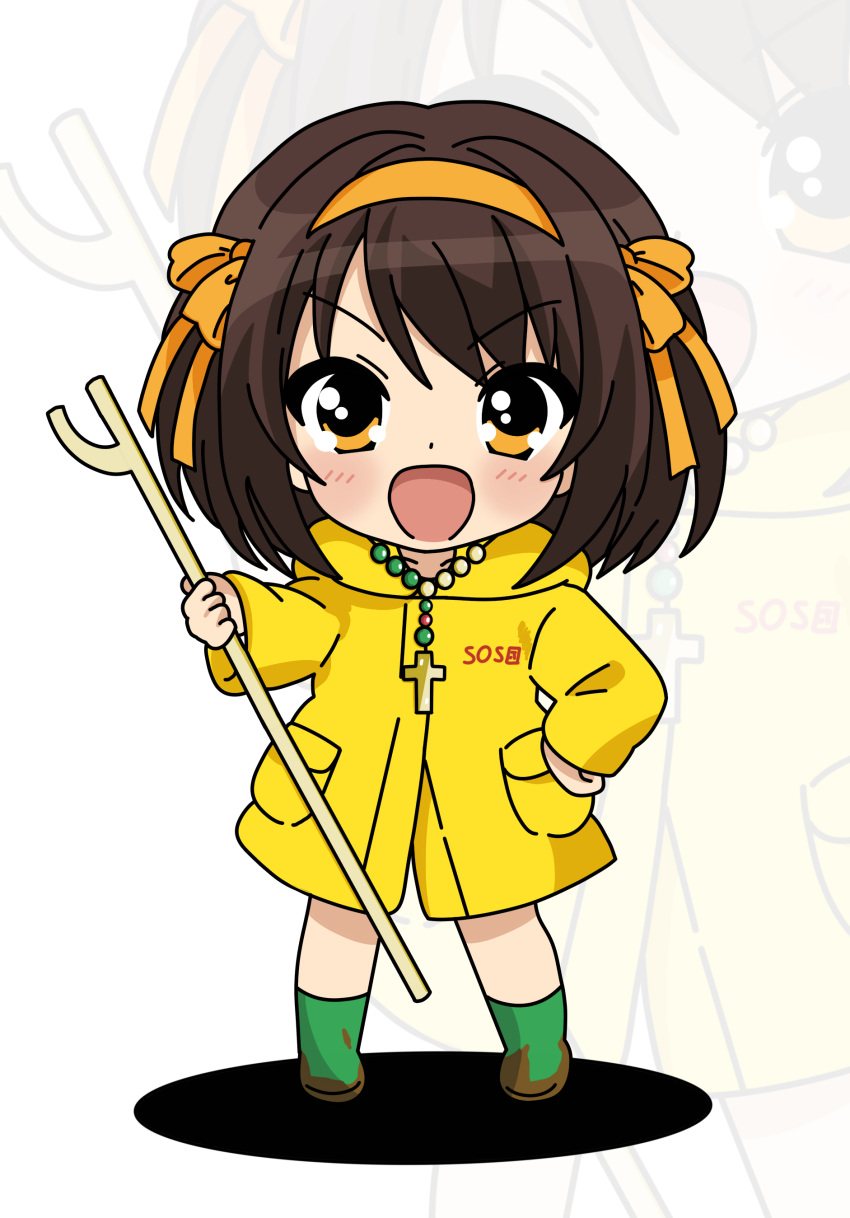 1girl, absurdres, boots, brown_eyes, brown_hair, cane, chibi, dirty_footwear