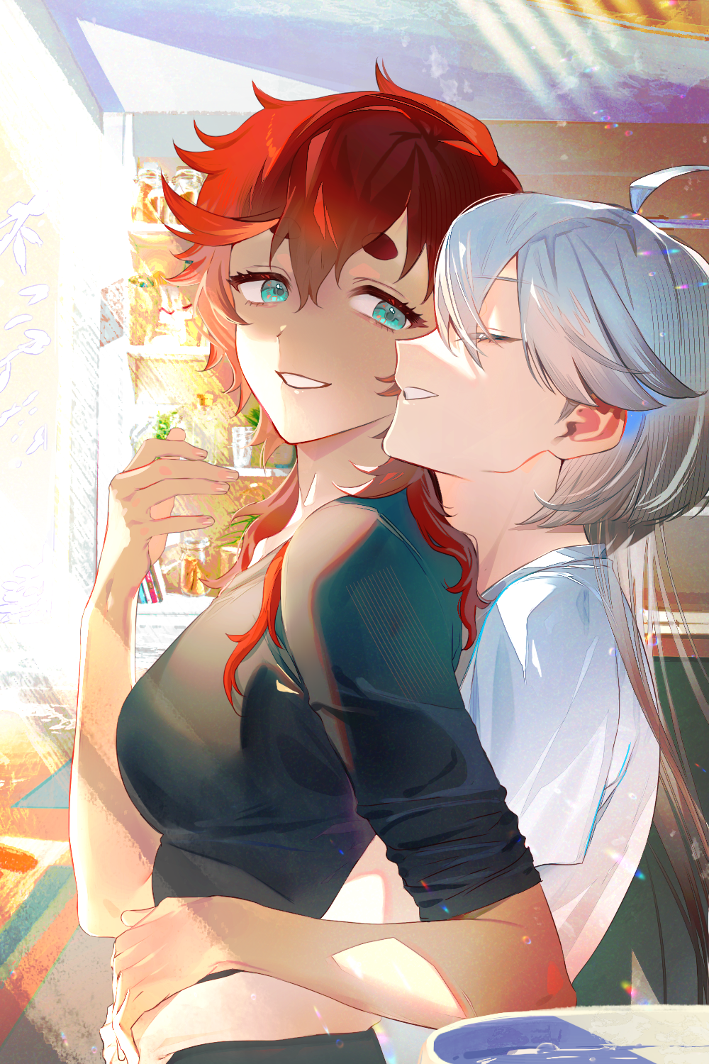 2girls, black_shirt, blue_eyes, closed_eyes, commentary_request, day, fern_(bhbtr), from_side