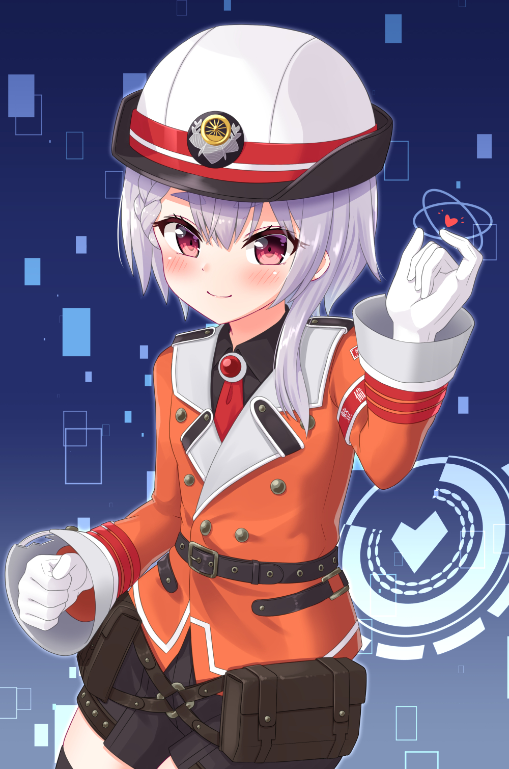1girl, armband, belt, belt_buckle, black_shirt, black_shorts, blue_background, blush