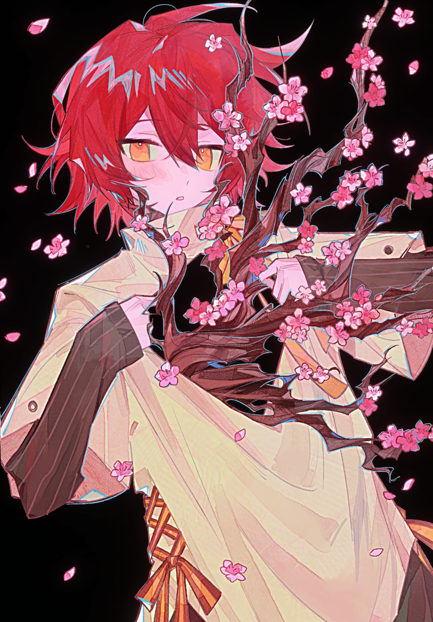 1boy, black_background, black_sweater, branch, falling_flower, falling_petals, flower, hair_between_eyes