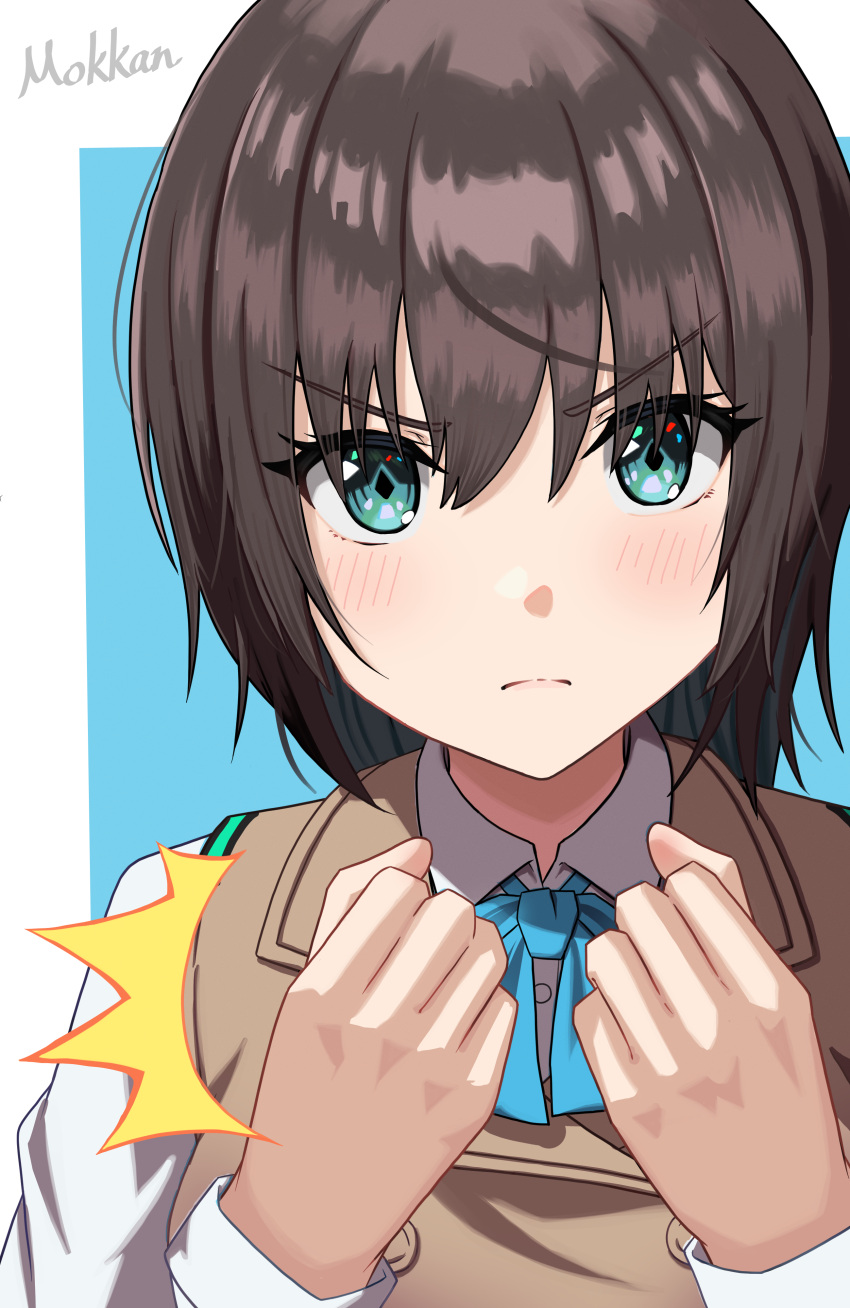 1girl, ^^^, absurdres, aoi_erika, artist_name, blue_background, blue_eyes, blush