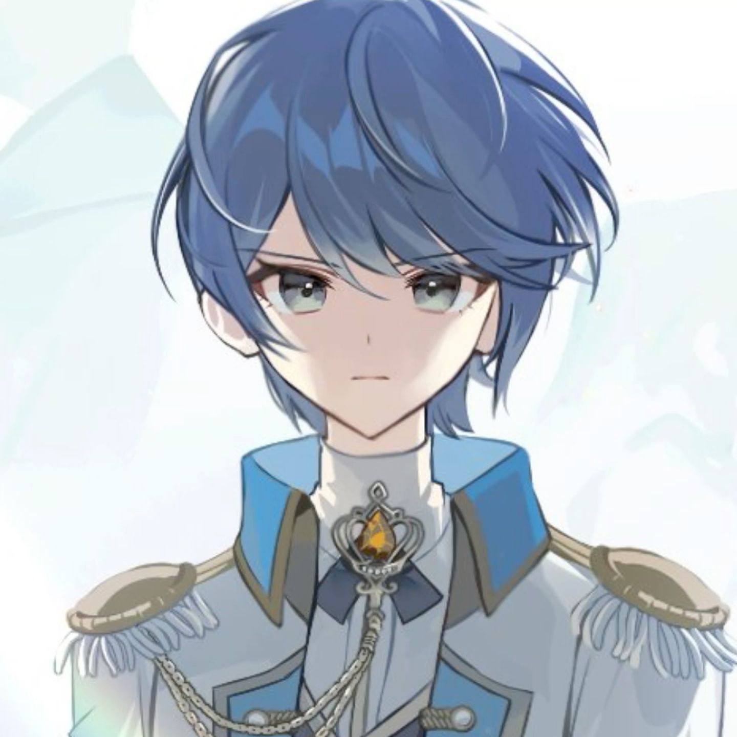 1girl, 8_utauyo, blue_eyes, blue_hair, bow, chain, cooler, cropped, crown, epaulettes, gem, highres, hoshino_ichika_(project_sekai), knight, looking_at_viewer, non-web_source, project_sekai, relax_teatime_(project_sekai), shirt, short_hair, solo, swept_bangs, third-party_edit, white_background, white_shirt