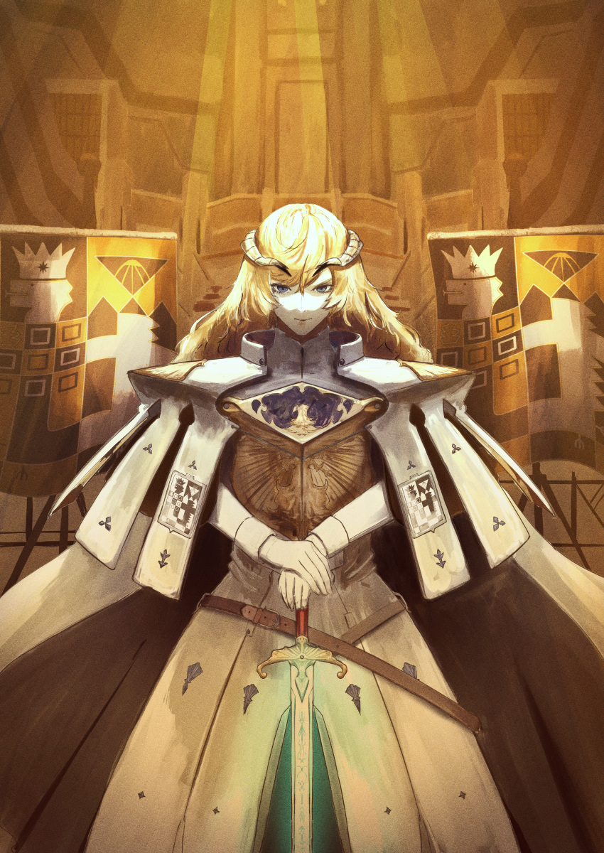 1boy, absurdres, armor, blonde_hair, blue_eyes, breastplate, cape, expressionless