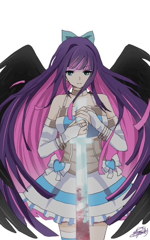 black_wings, blood, blue_eyes, dark_persona, multicolored_hair, panty_&amp;_stocking_with_garterbelt, spoilers, stocking_(character), stocking_(psg), sword, thighhighs, two-tone_hair, weapon, wings, yunare