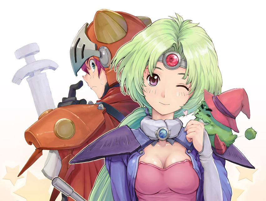 1girl, adeu_warsam, armor, back-to-back, breasts, brown_eyes, character_request, circlet