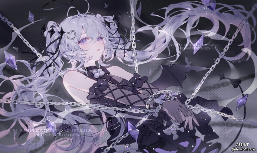 1girl, ahoge, antenna_hair, artist_name, bare_shoulders, black_halo, bound, bow