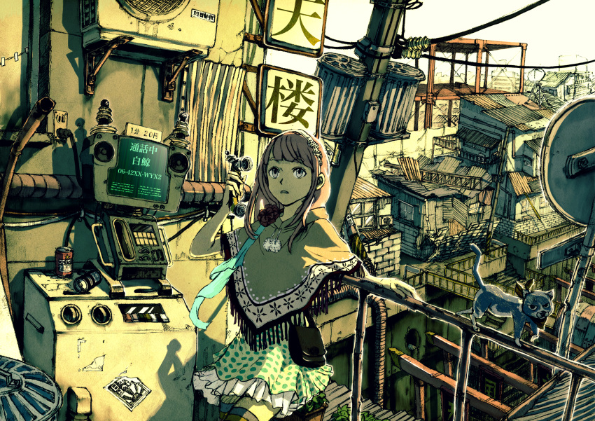 city, dress, hairband, highres, original, phone, pink_eyes, pink_hair