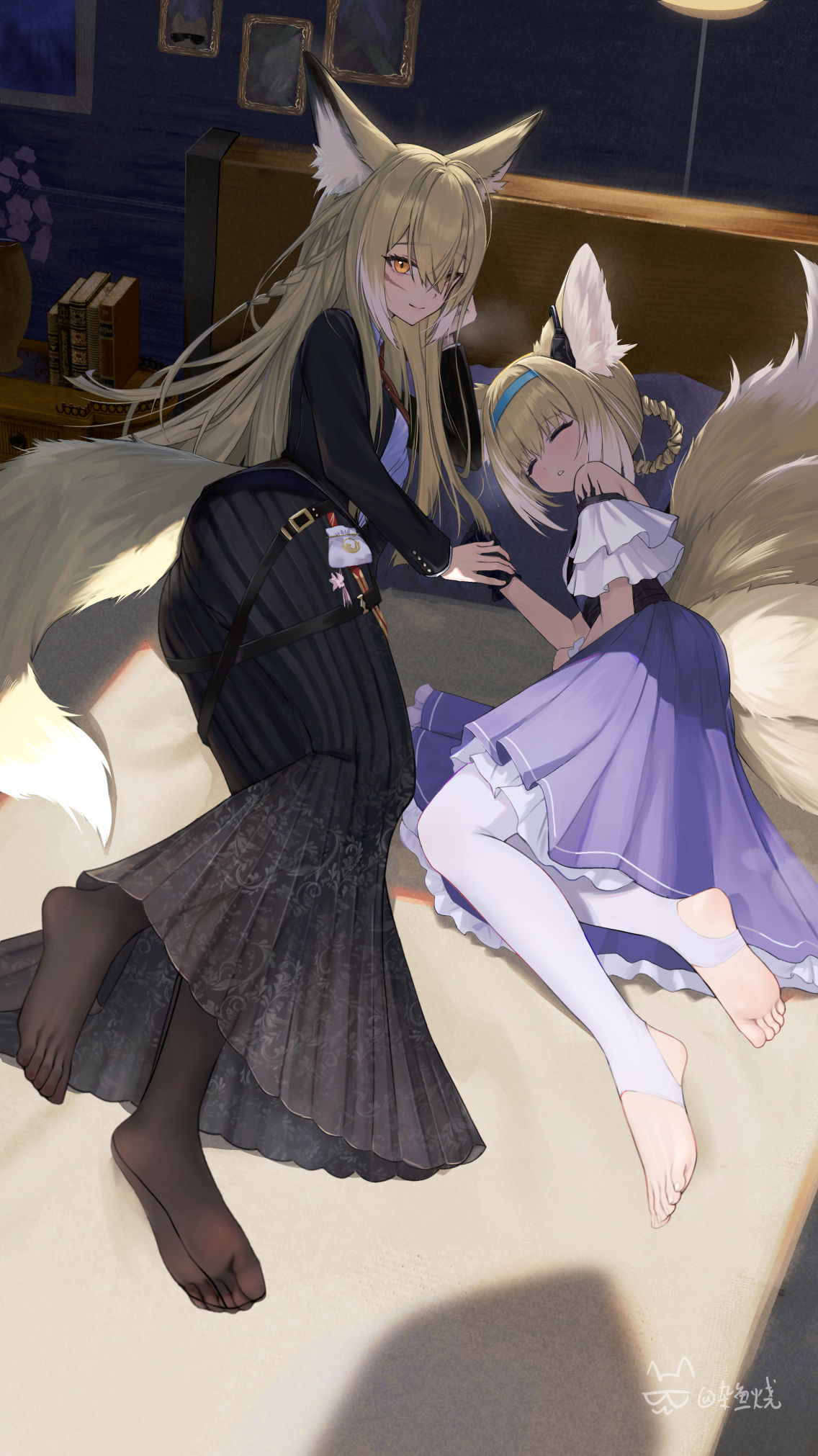 2girls, animal_ear_fluff, animal_ears, arknights, black_gloves, black_jacket, black_pantyhose, black_skirt