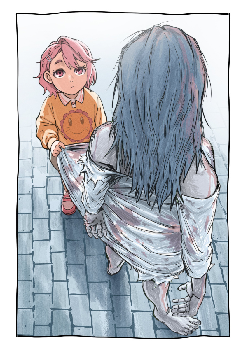 2girls, absurdres, acrobatic_silky_(dandadan), aged_down, black_hair, blood, blood_on_clothes, child, closed_mouth, dandadan, feet, full_body, hair_between_eyes, hair_ornament, hairclip, highres, long_hair, looking_up, multiple_girls, nairdags, outdoors, pink_eyes, pink_hair, shadow, shiratori_aira_(dandadan), shirt, short_hair, sidelocks, standing, toes, white_shirt