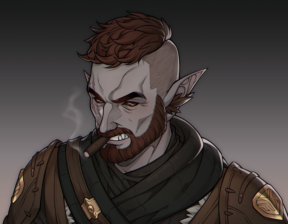 1boy, asymmetrical_hair, beard, brown_hair, dark_elf, dunmer, elf, facial_hair, gradient_background, grey_background, legionattack, male_focus, original, pointy_ears, portrait, sidecut, smoking, the_elder_scrolls, the_elder_scrolls_online, undercut