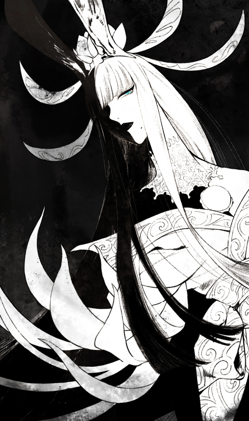 1girl, animal_ears, blue_eyes, blunt_bangs, final_fantasy, final_fantasy_xiv, greyscale, high_contrast