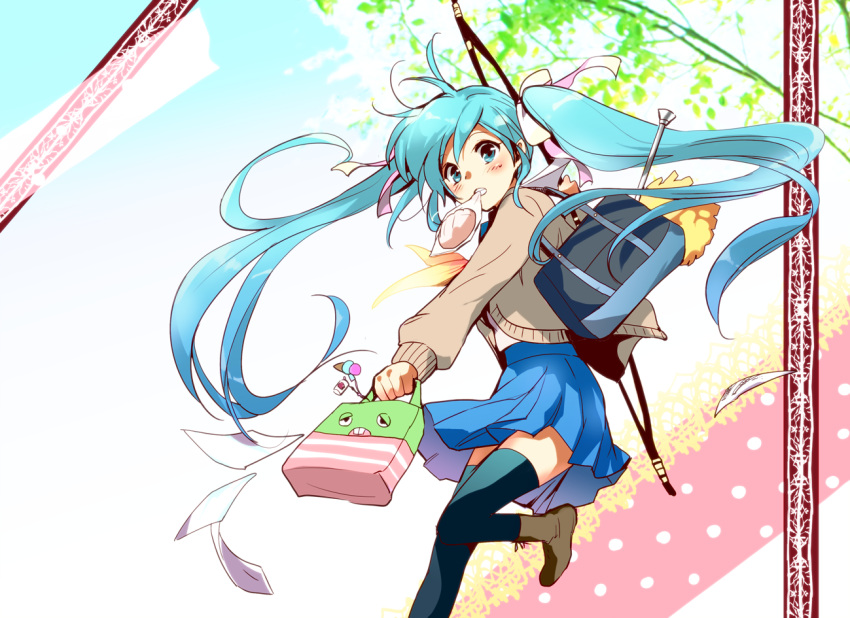 amanattou, aqua_eyes, aqua_hair, artist_request, bag, bow, cameo, food