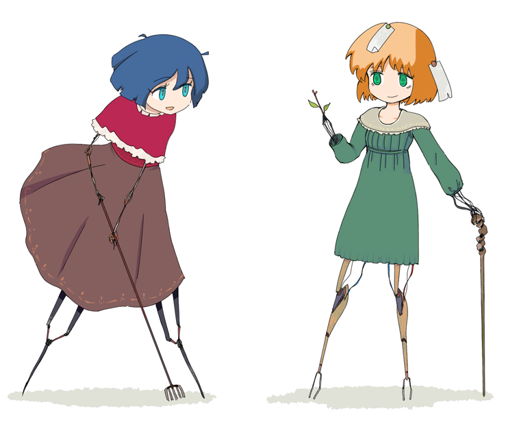 2girls, blue_eyes, blue_hair, brown_skirt, cane, capelet, commentary_request, dress