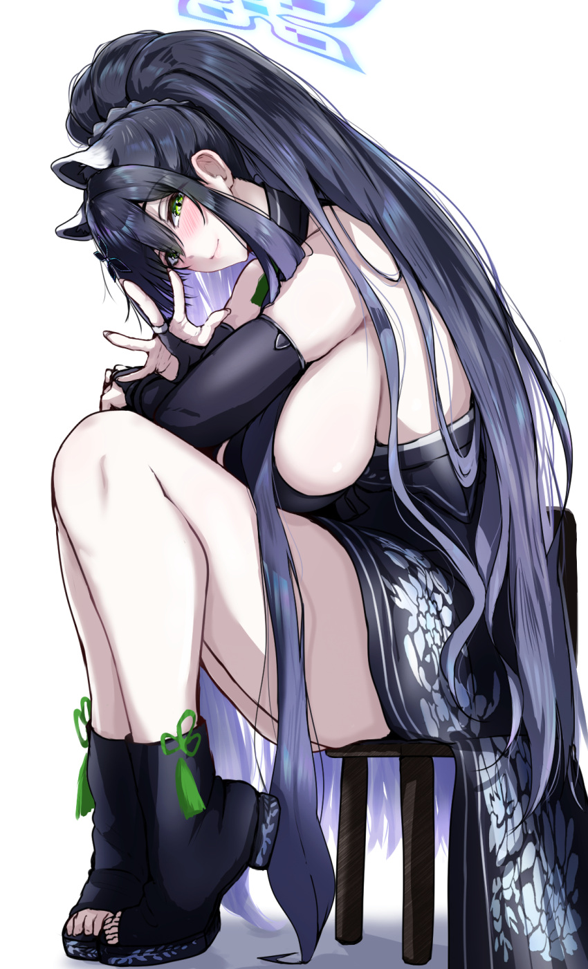 1girl, animal_ear_fluff, animal_ears, backless_outfit, bare_back, bare_shoulders, black_bridal_gauntlets, black_dress