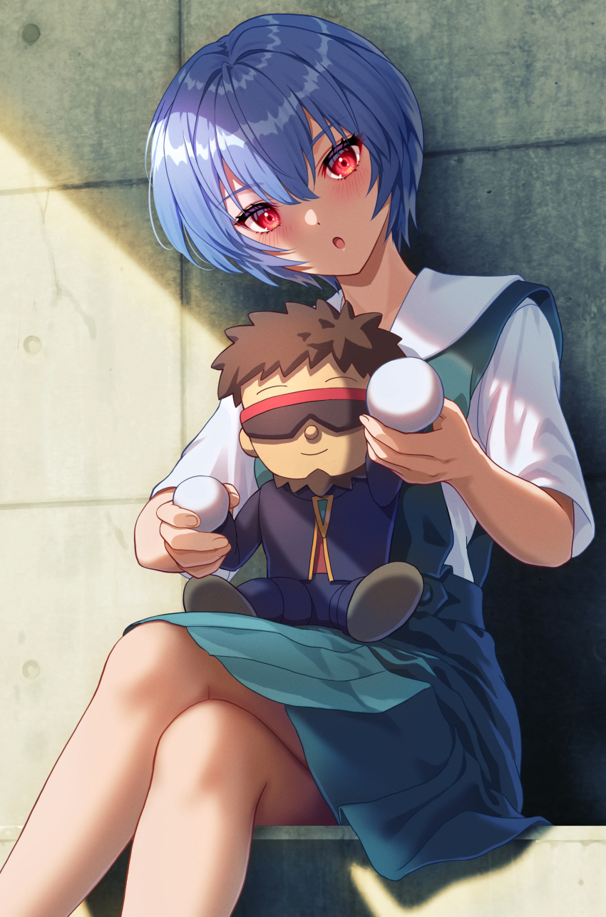 1girl, :o, absurdres, ayanami_rei, beard, bench, black_jacket, black_pants